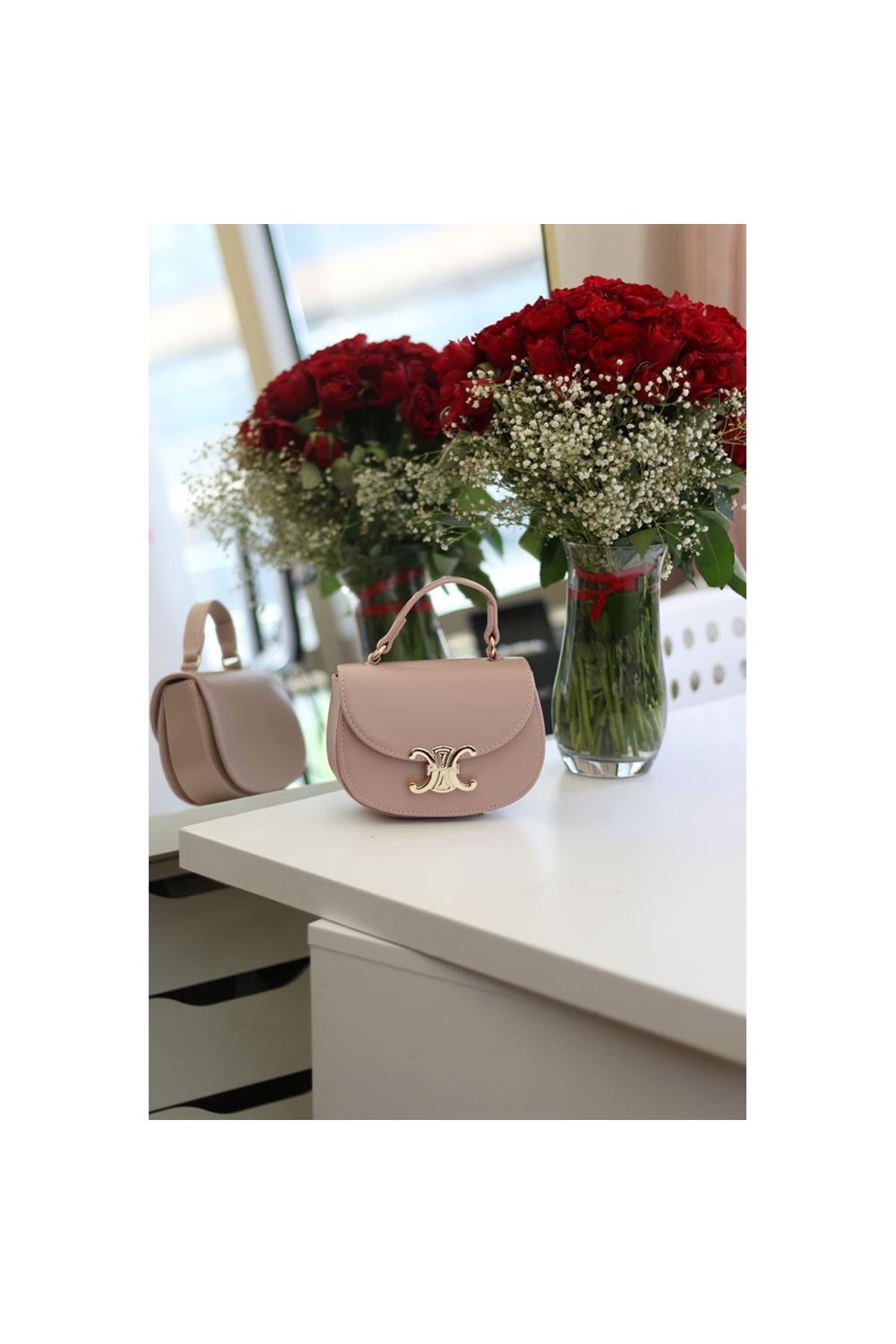 Kadın Pudra Kanca Gold Toka Detaylı Mini El &amp;amp; Omuz Çantası