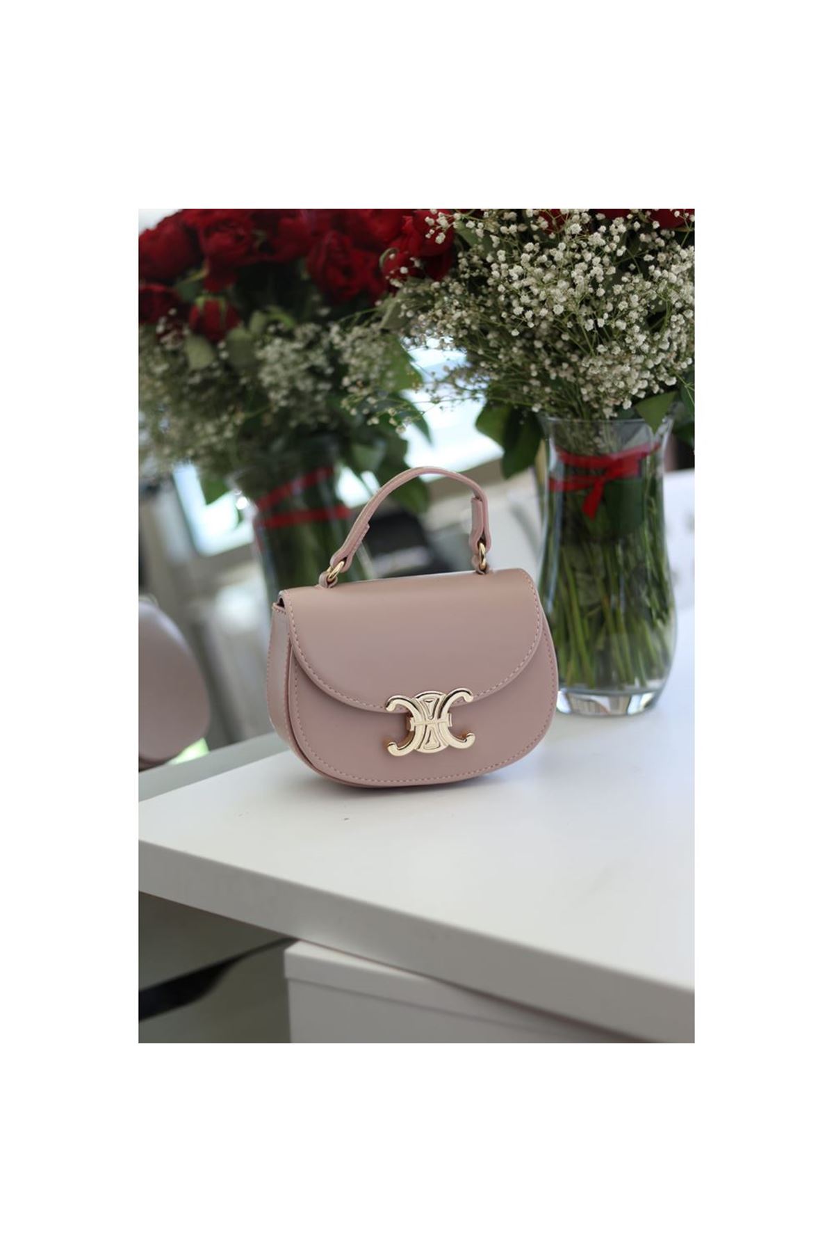 Kadın Pudra Kanca Gold Toka Detaylı Mini El &amp;amp; Omuz Çantası