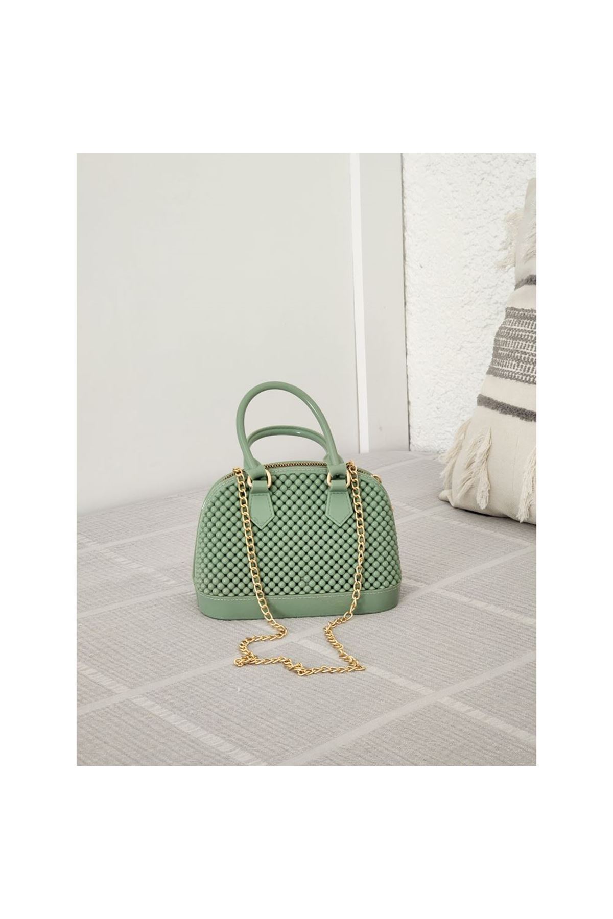 Kadın Mint Yeşili Silikon Çift Kulp Zincir Detaylı El Omuz Çantası