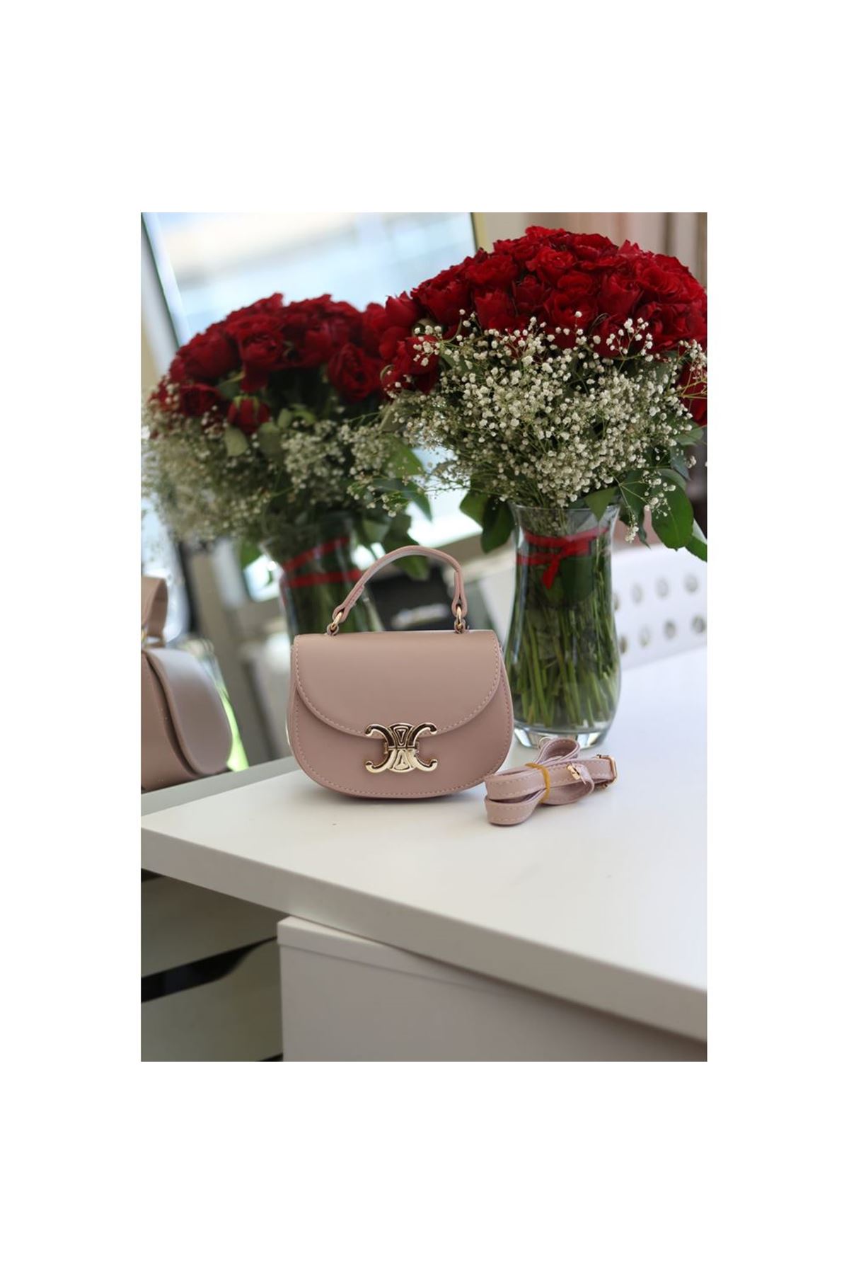 Kadın Pudra Kanca Gold Toka Detaylı Mini El &amp;amp; Omuz Çantası