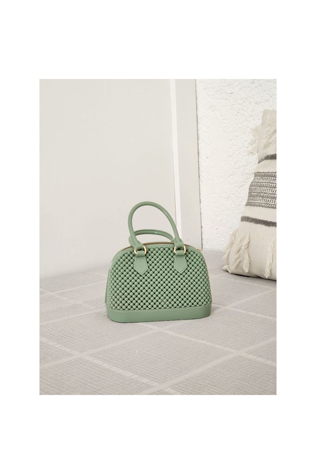 Kadın Mint Yeşili Silikon Çift Kulp Zincir Detaylı El Omuz Çantası