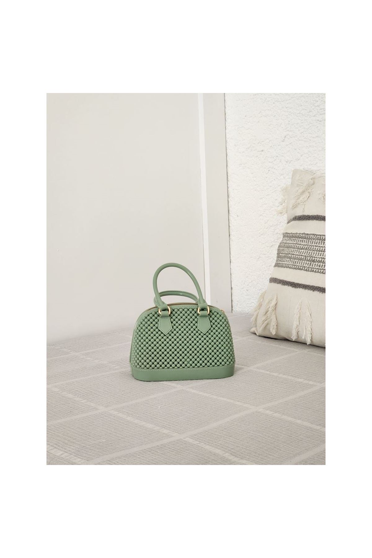 Kadın Mint Yeşili Silikon Çift Kulp Zincir Detaylı El Omuz Çantası