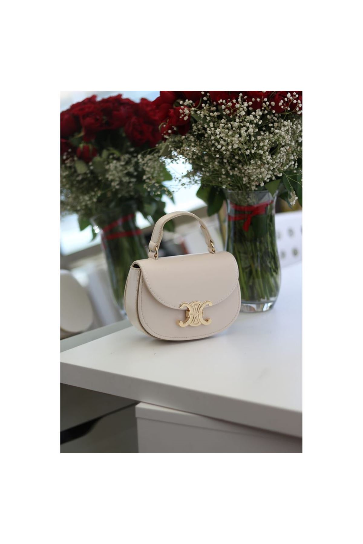 Kadın Krem Kanca Gold Toka Detaylı Mini El &amp;amp; Omuz Çantası