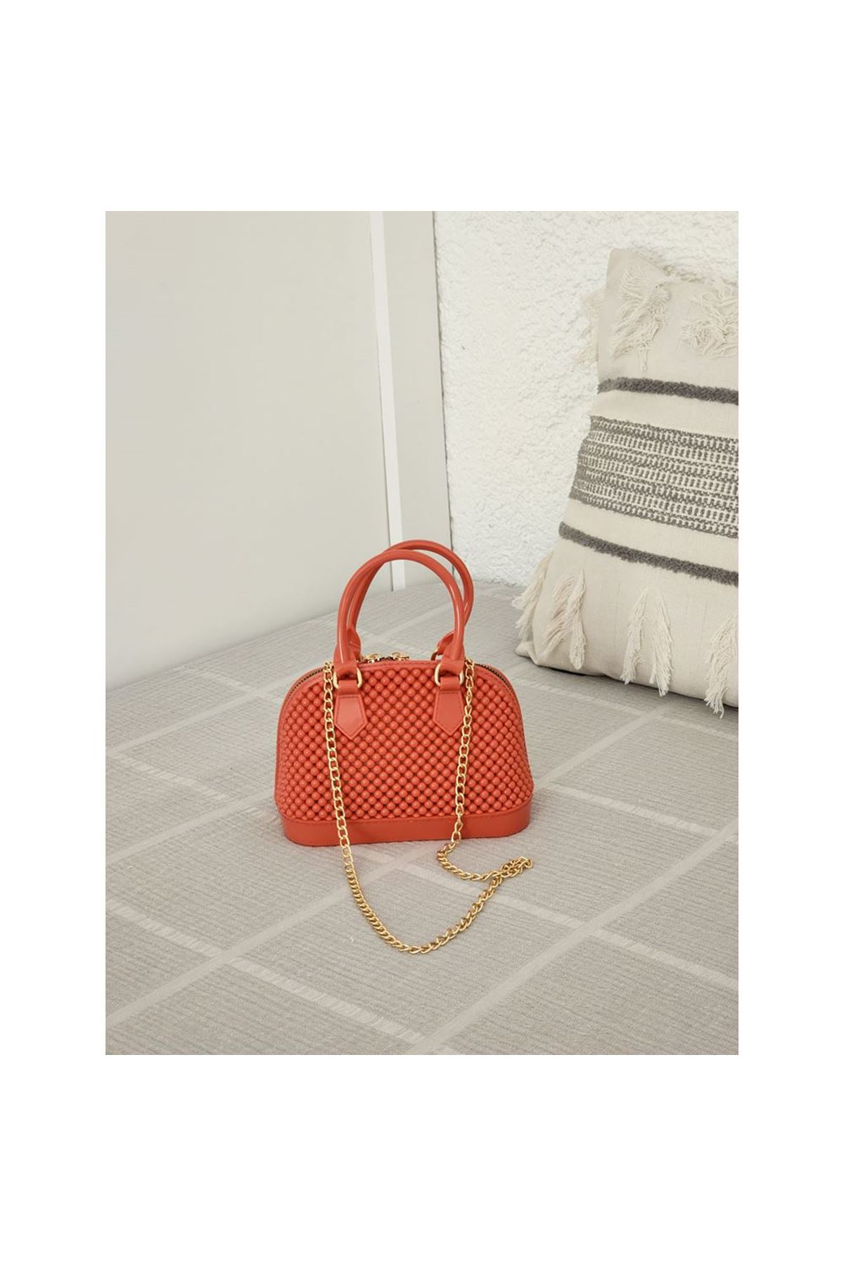 Kadın Turuncu Silikon Çift Kulp Zincir Detaylı El Omuz Çantası