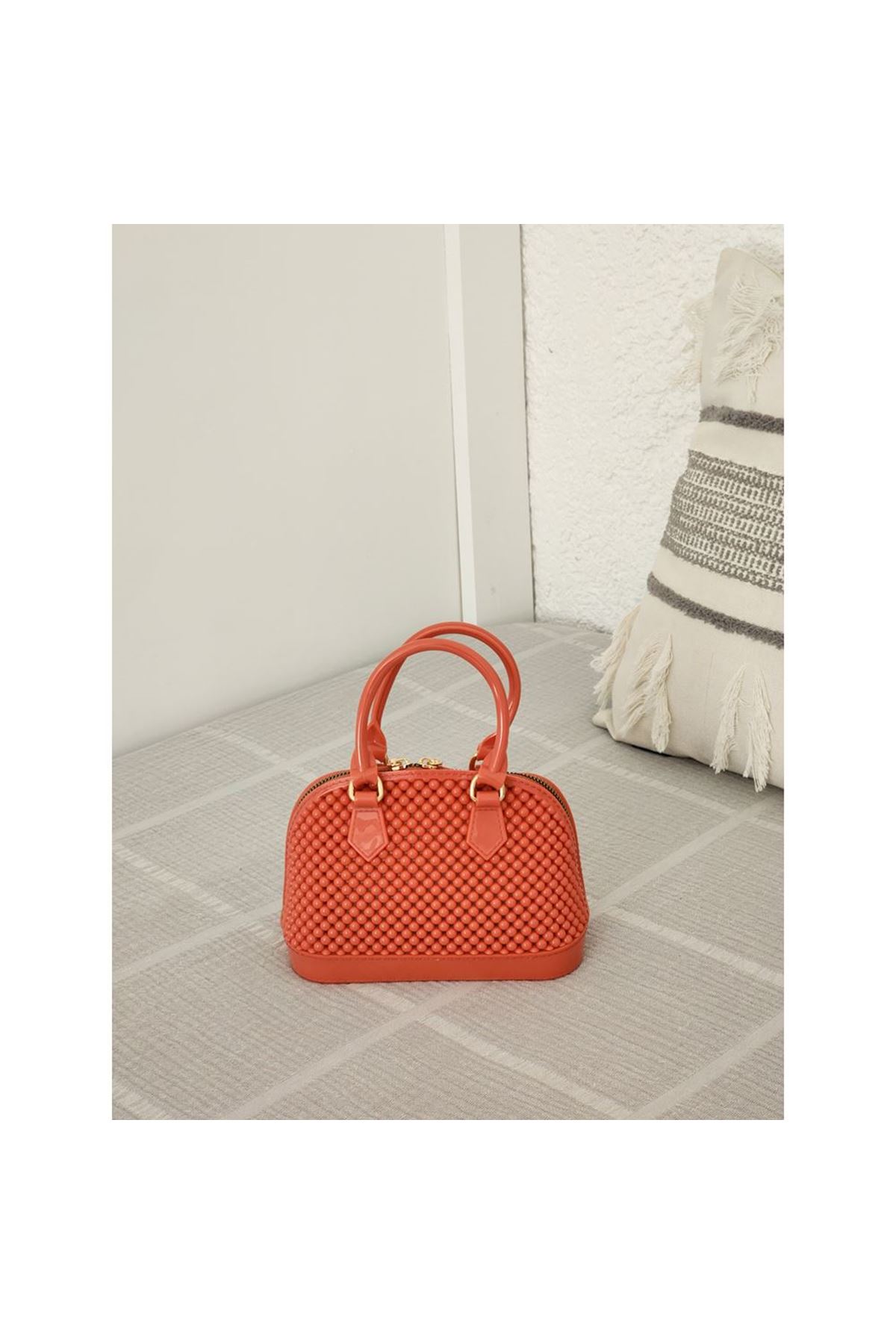 Kadın Turuncu Silikon Çift Kulp Zincir Detaylı El Omuz Çantası