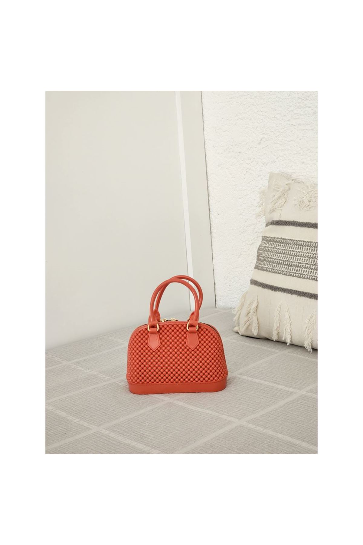 Kadın Turuncu Silikon Çift Kulp Zincir Detaylı El Omuz Çantası