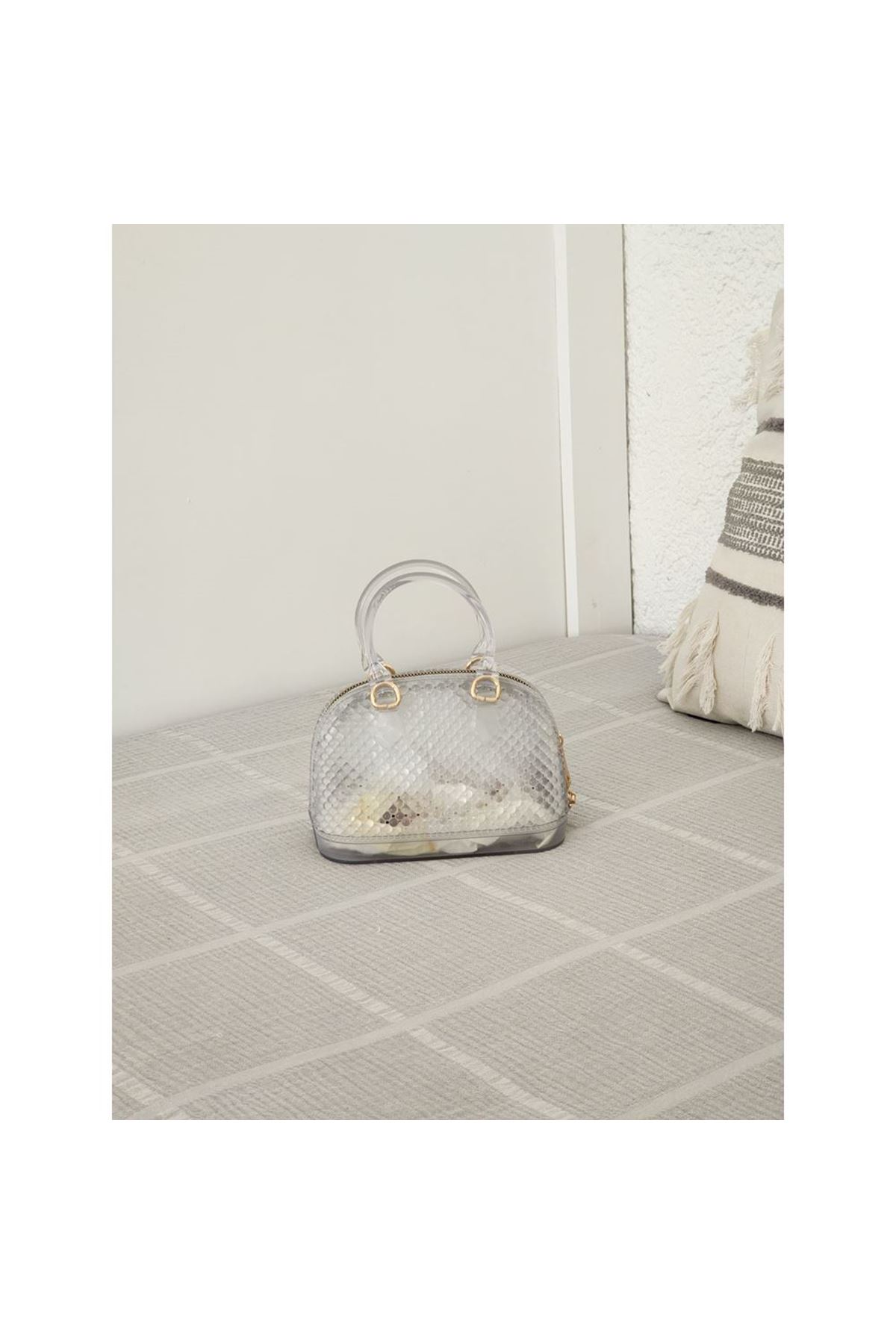 Kadın Şeffaf Gümüş Silikon Çift Kulp Zincir Detaylı El Omuz Çantası