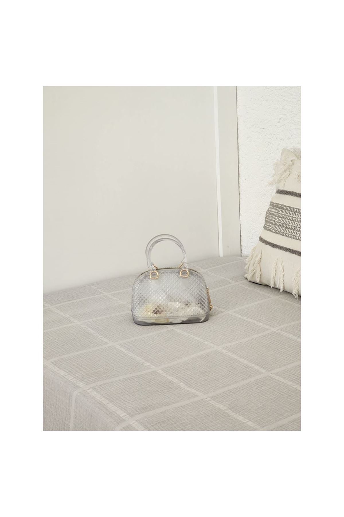 Kadın Şeffaf Gümüş Silikon Çift Kulp Zincir Detaylı El Omuz Çantası