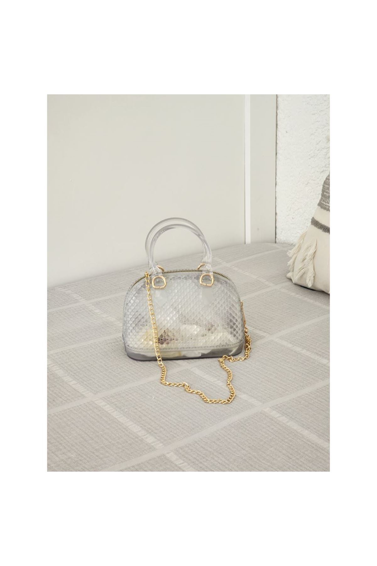 Kadın Şeffaf Gümüş Silikon Çift Kulp Zincir Detaylı El Omuz Çantası