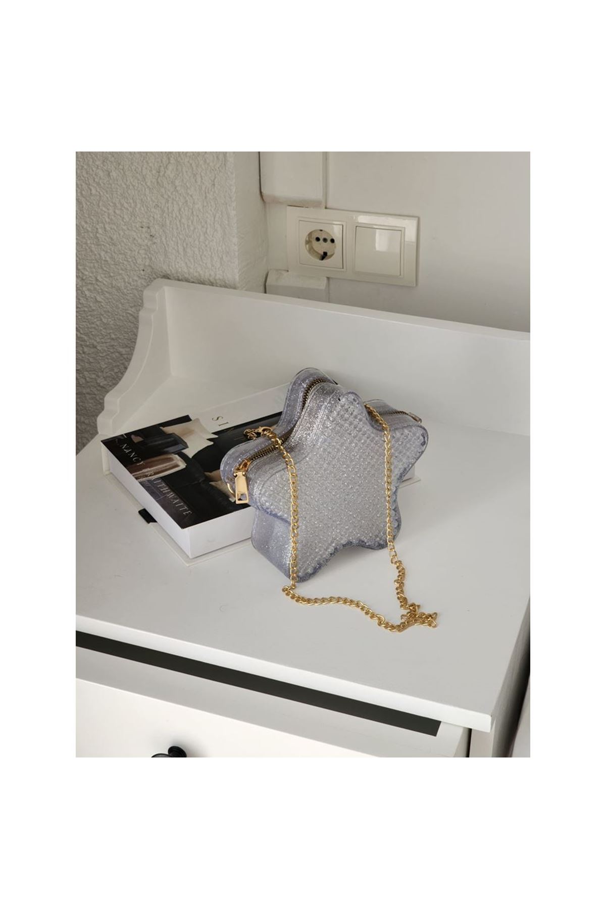 Kadın Şeffaf Gümüş Silikon Yıldız Formlu Zincir Detaylı Çapraz Çanta