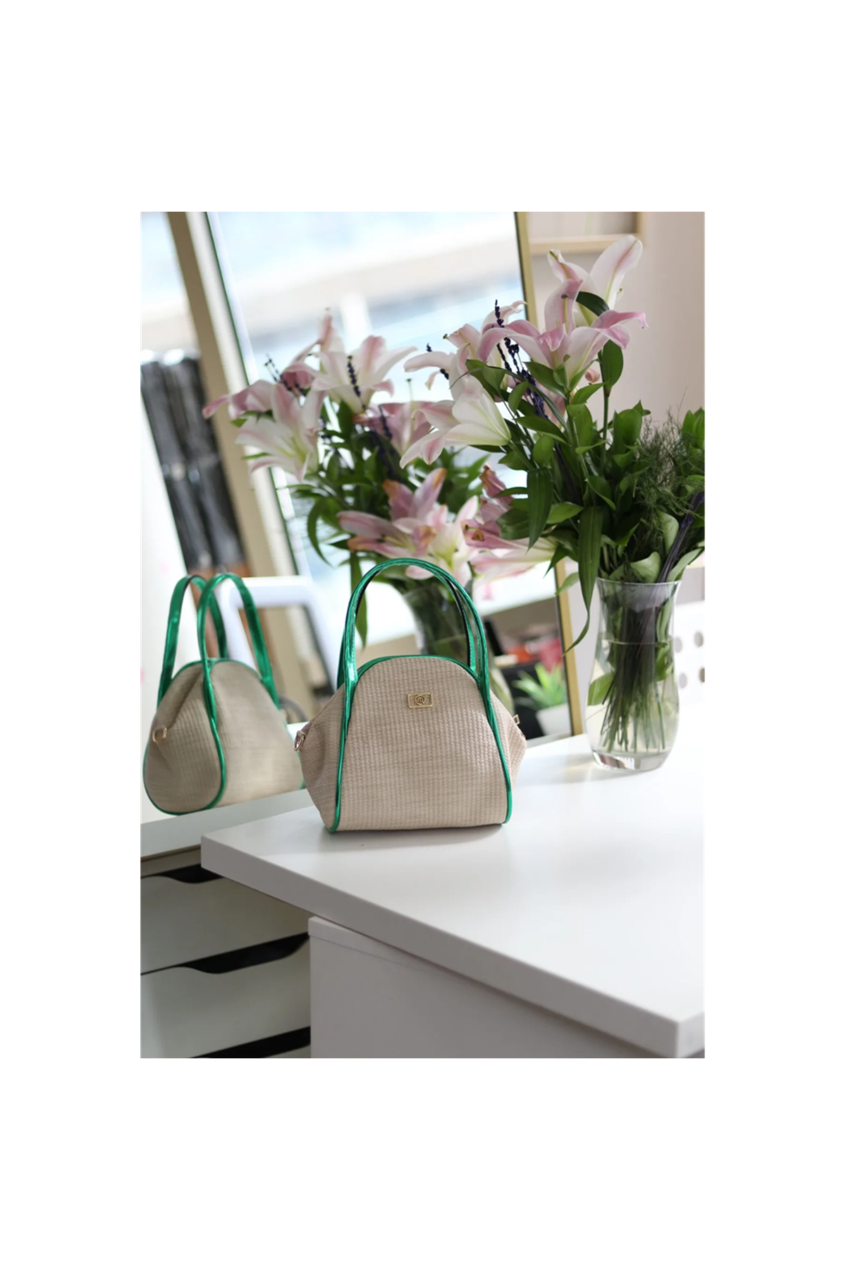 Kadın Yeşil Hasır Görünümlü Çift Saplı Askılı Omuz Çantası