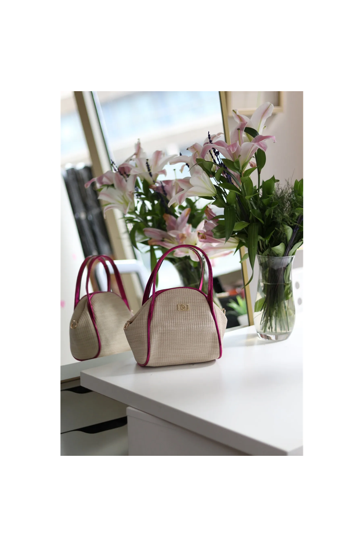 Kadın Pembe Hasır Görünümlü Çift Saplı Askılı Omuz Çantası