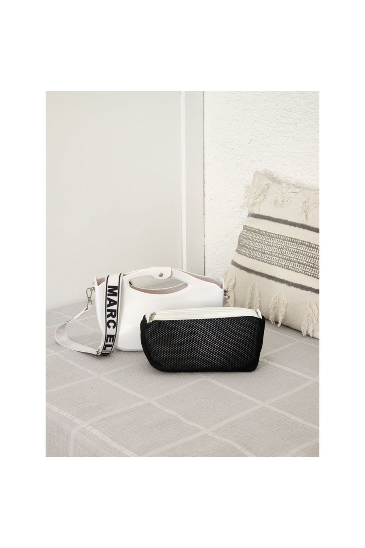 Kadın Beyaz Silikon Kumaş Askılı İç Portföy Detaylı Omuz Çantası