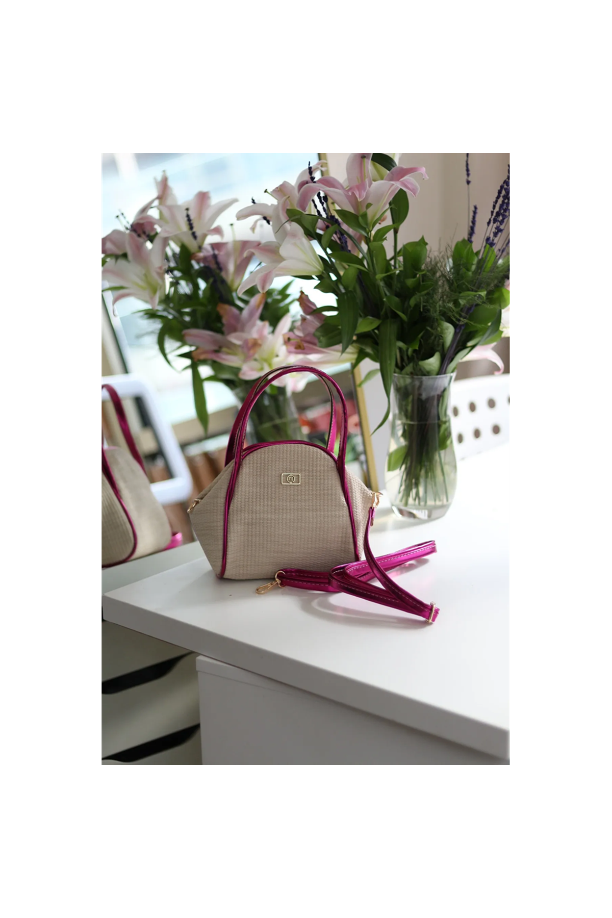 Kadın Pembe Hasır Görünümlü Çift Saplı Askılı Omuz Çantası