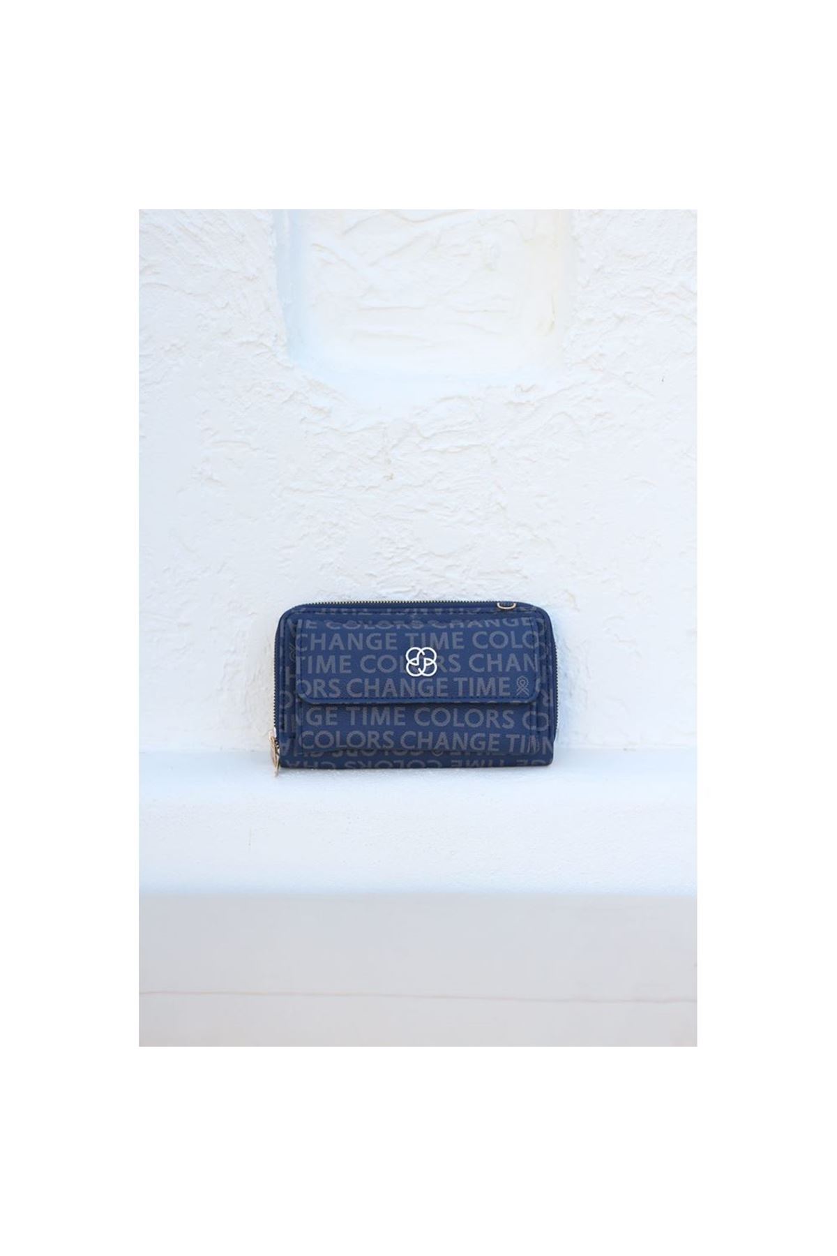 Kadın Koyu Mavi Telefon Bölmeli Yatay Çapraz Askılı Cüzdan Çanta