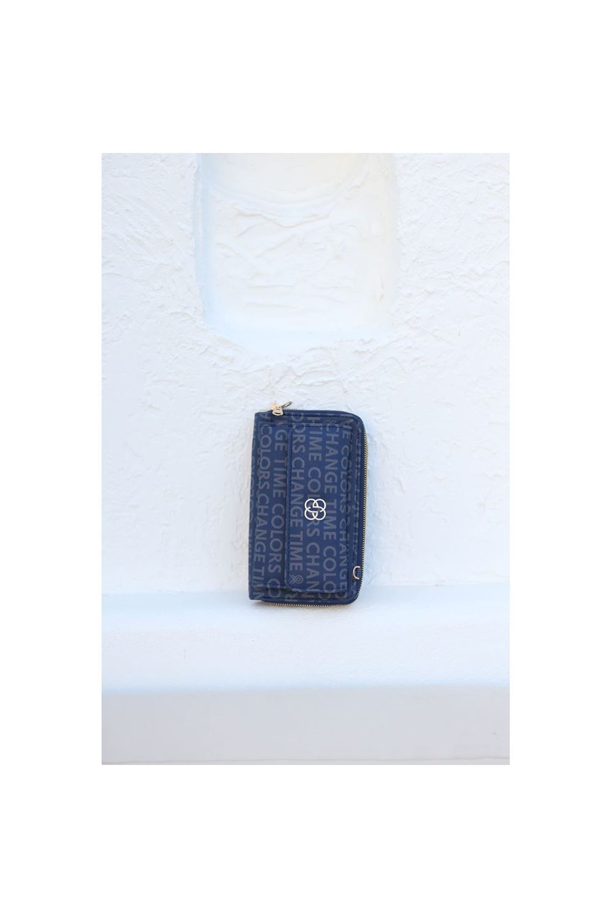 Kadın Koyu Mavi Telefon Bölmeli Yatay Çapraz Askılı Cüzdan Çanta