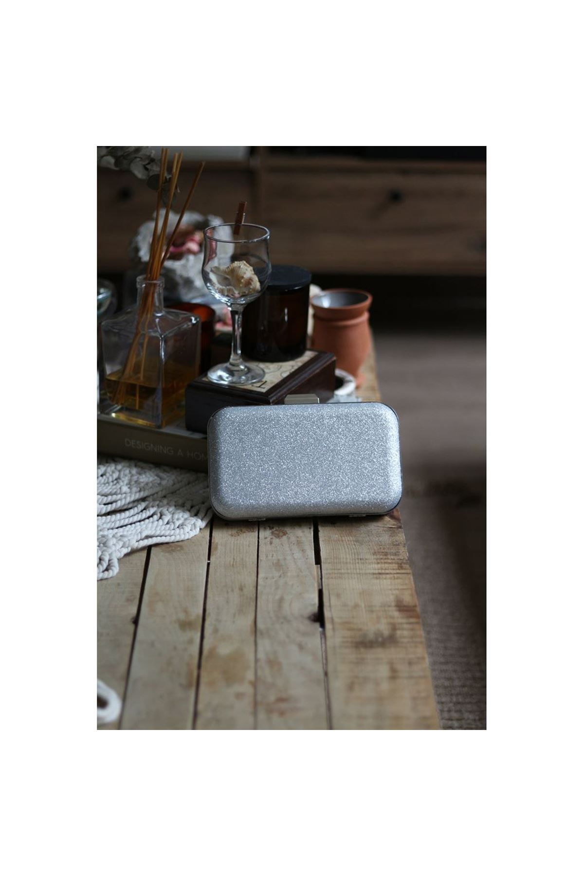 Kadın Silver Sim Doku Klips Detaylı Abiye El Omuz Çantası