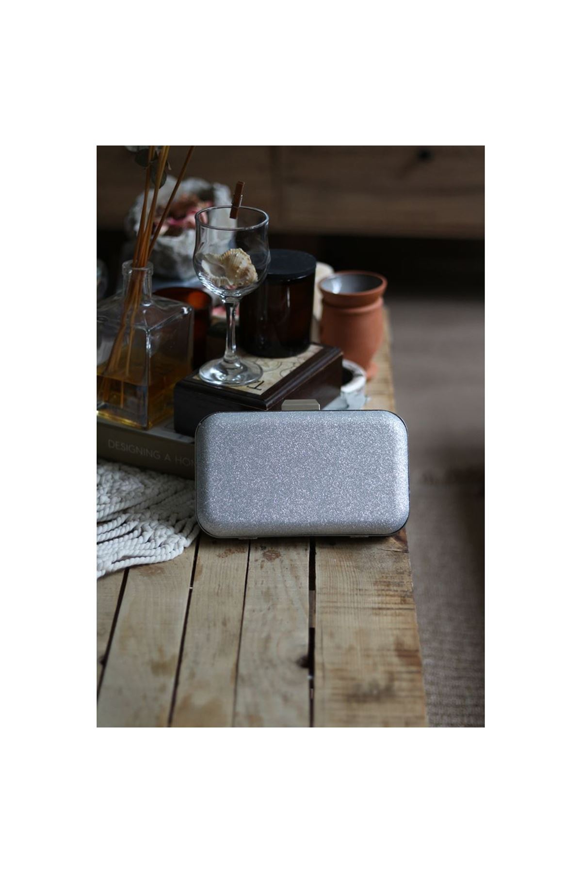 Kadın Silver Sim Doku Klips Detaylı Abiye El Omuz Çantası