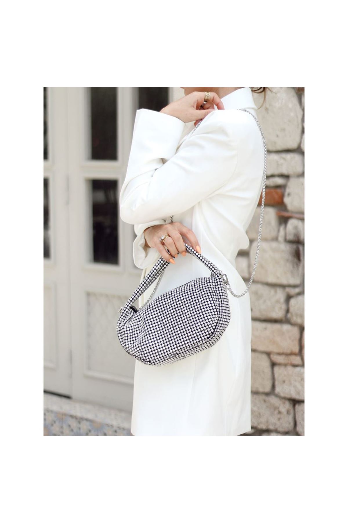 Kadın Silver Kristal Taş İşleme Zincir Detaylı Abiye Omuz Çantası
