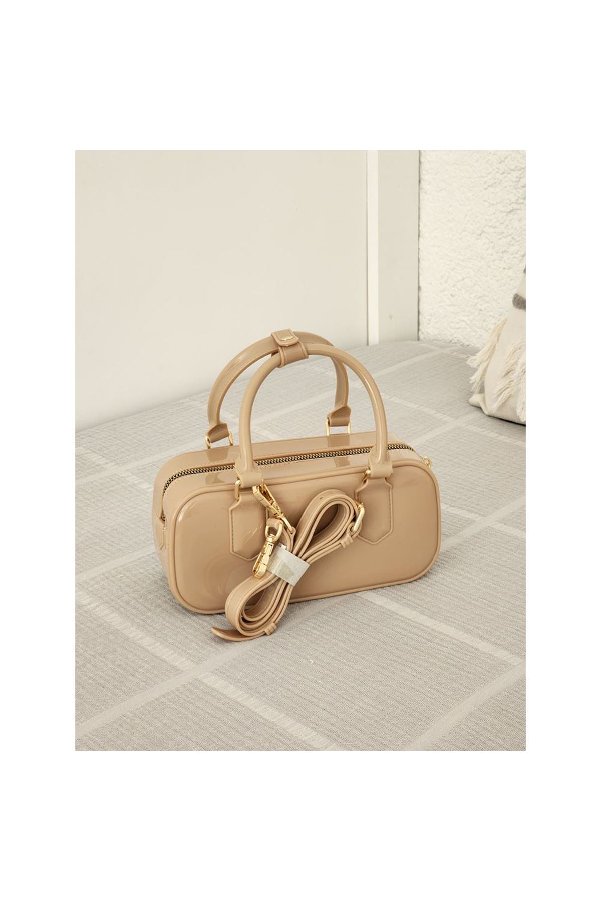 Kadın Bej Silikon Çift Kulplu Askılı El &amp;amp; Omuz Çantası