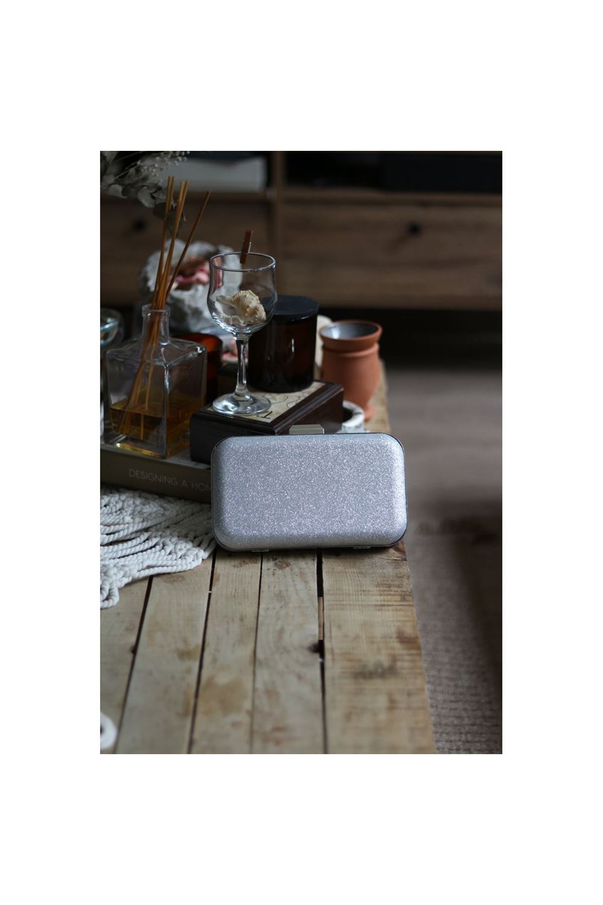 Kadın Silver Sim Doku Klips Detaylı Abiye El Omuz Çantası