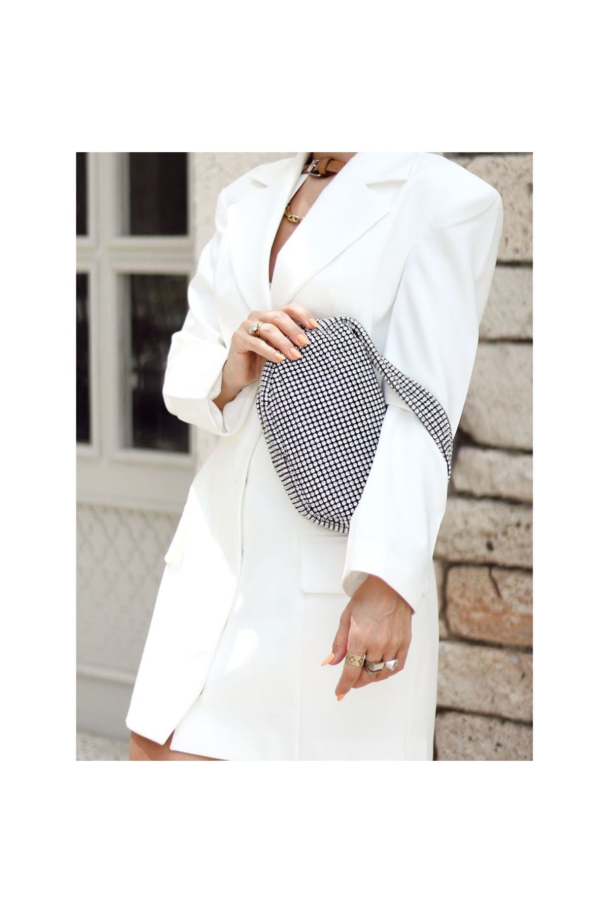 Kadın Silver Kristal Taş İşleme Zincir Detaylı Abiye Omuz Çantası