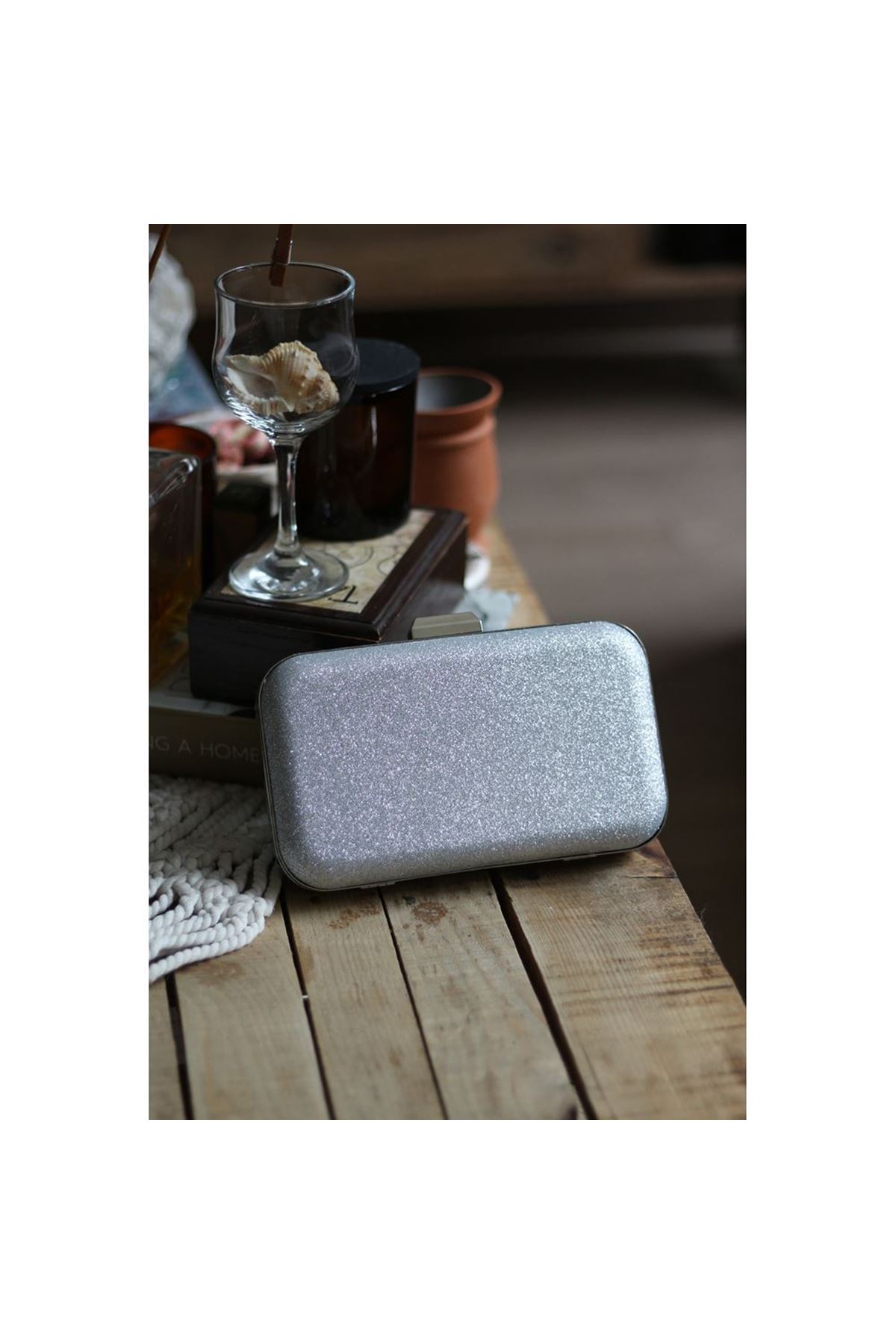 Kadın Silver Sim Doku Klips Detaylı Abiye El Omuz Çantası