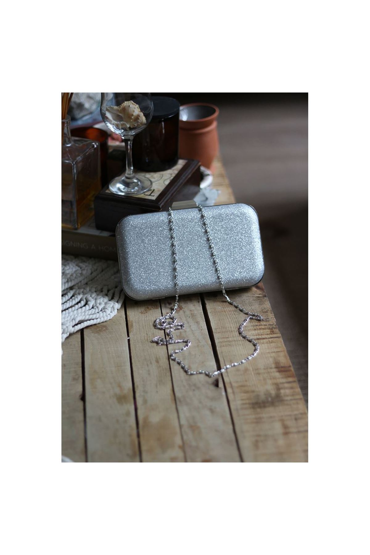 Kadın Silver Sim Doku Klips Detaylı Abiye El Omuz Çantası