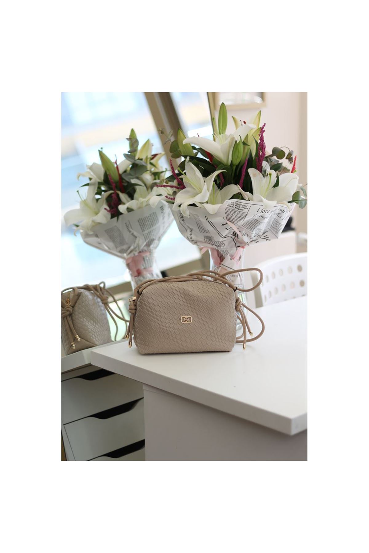 Kadın Vizon Baklava Desenli İnce Düğüm Askılı Omuz Çantası