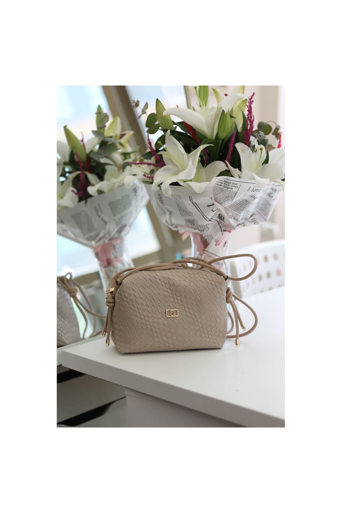 Kadın Vizon Baklava Desenli İnce Düğüm Askılı Omuz Çantası