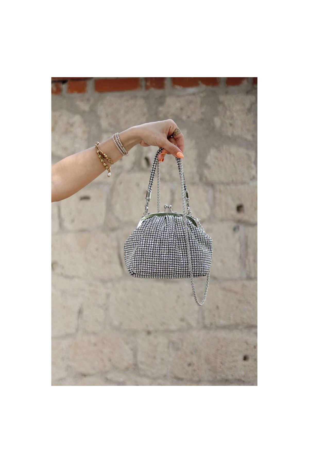 Kadın Silver Kristal Bohça Tutma Saplı Abiye Çanta