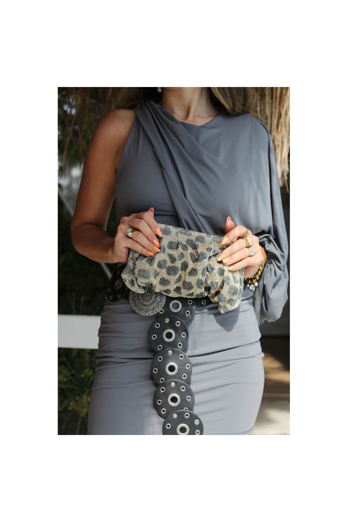 Kadın Leopar Kristal Taş Özel Burslu Abiye Çanta