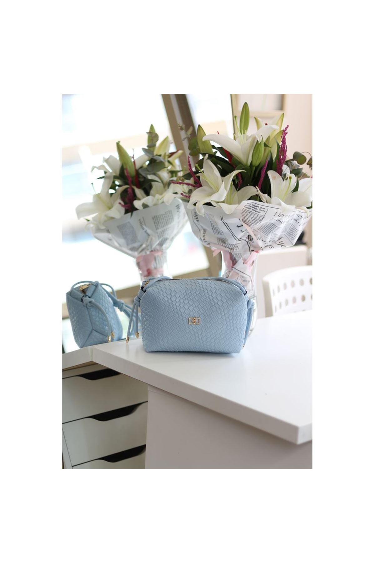 Kadın Bebe Mavi Baklava Desenli İnce Düğüm Askılı Omuz Çantası