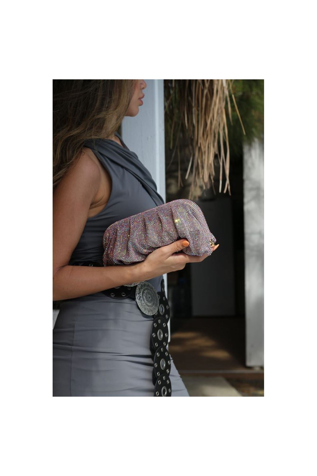 Kadın Pembe Kristal Taş Özel Burslu Abiye Çanta