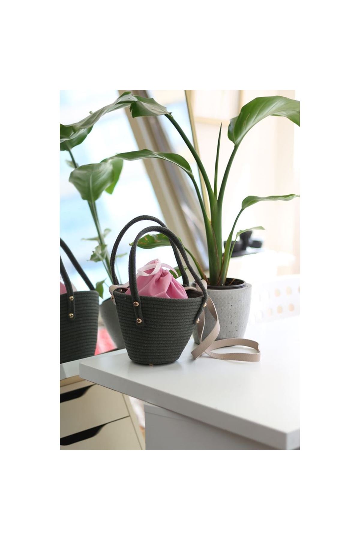 Kadın Haki Örme Çift Kulp Ağzı Büzgülü Askı Detaylı Omuz Çantası