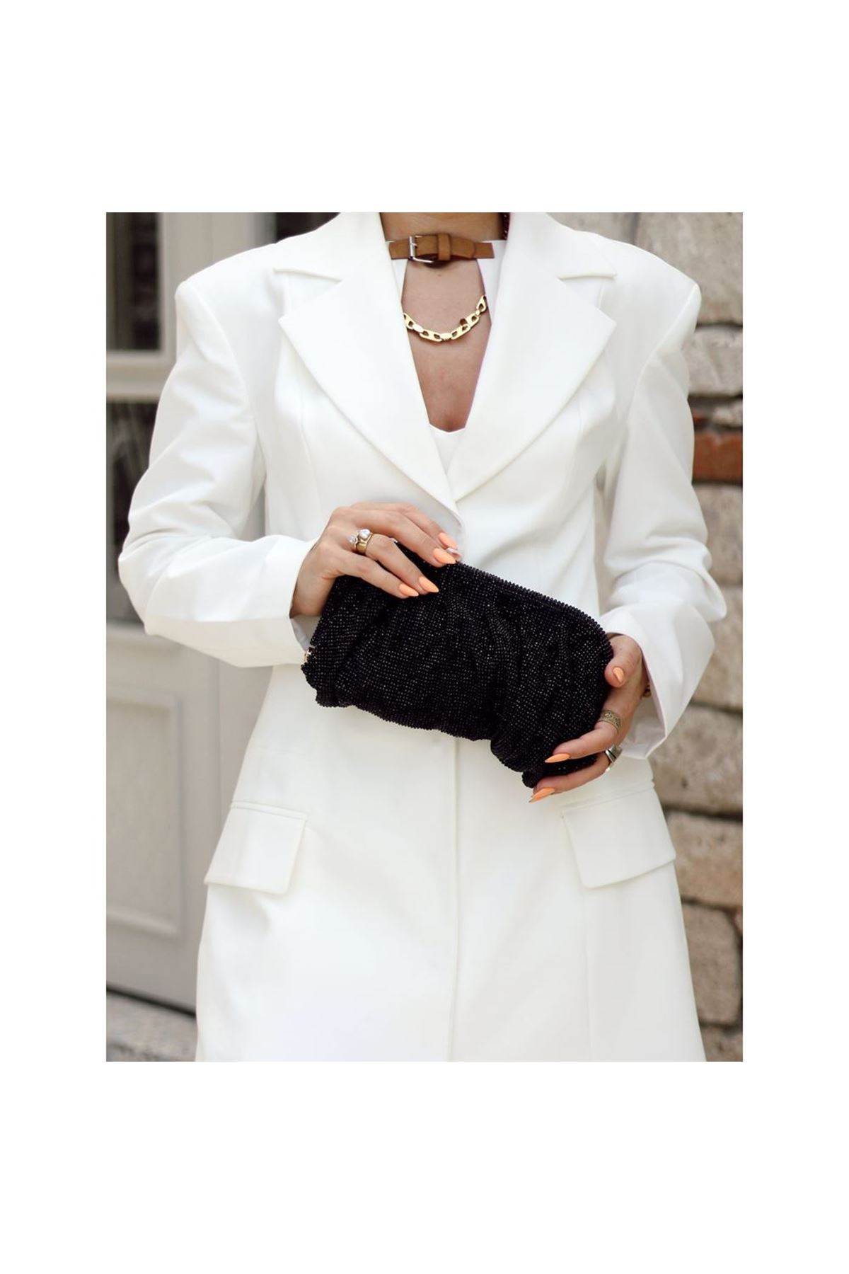 Kadın Siyah Kristal Taş Özel Burslu Abiye Çanta