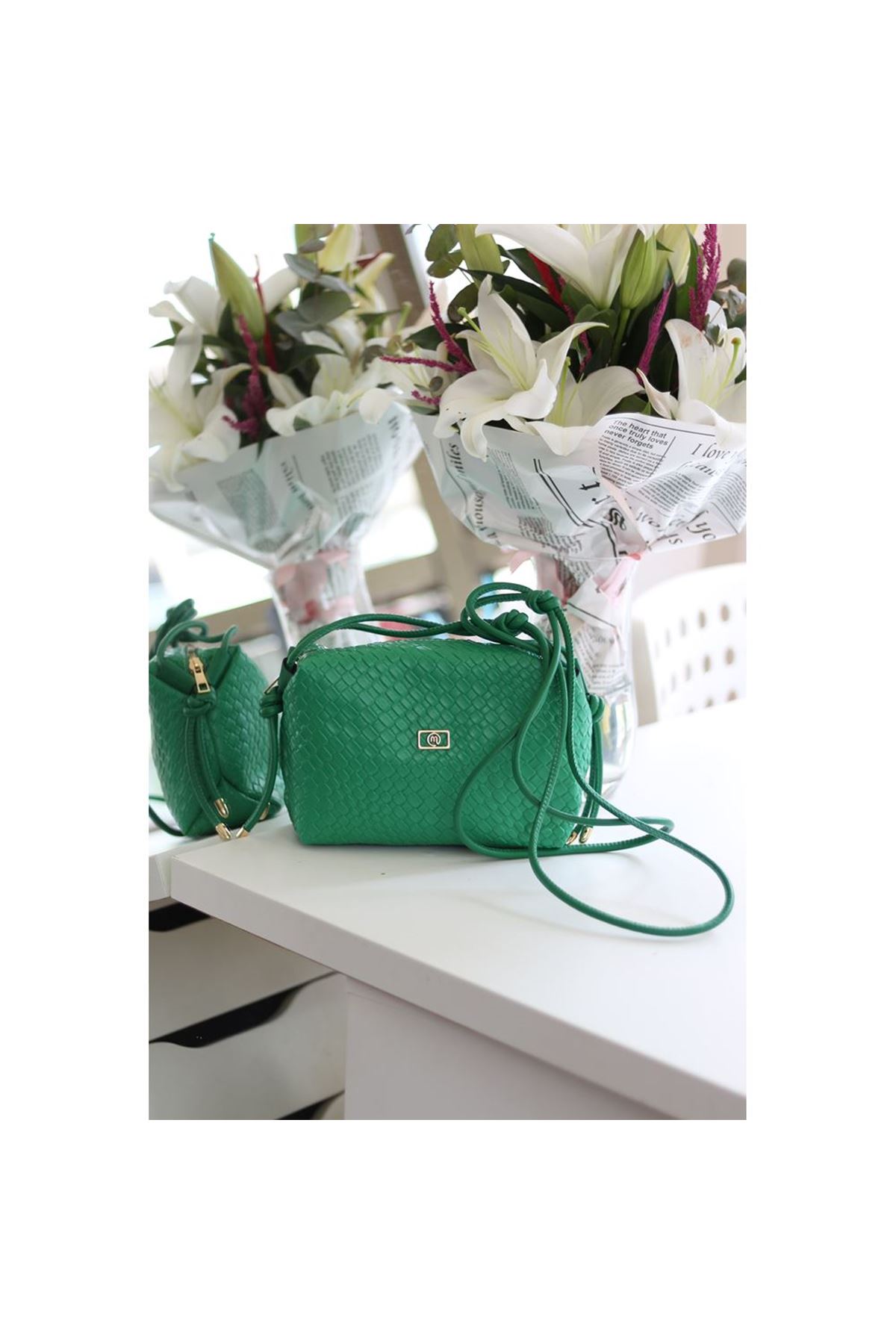 Kadın Yeşil Baklava Desenli İnce Düğüm Askılı Omuz Çantası