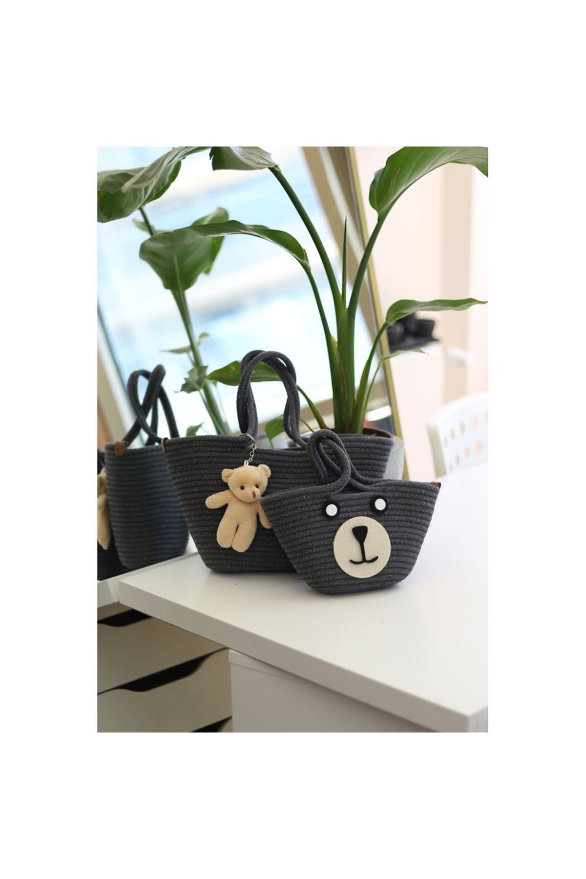 Siyah Örme Aksesuar Detaylı 2'li Anne Kız El Çantası