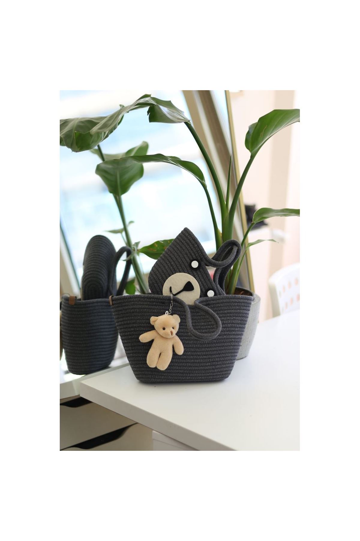 Siyah Örme Aksesuar Detaylı 2'li Anne Kız El Çantası