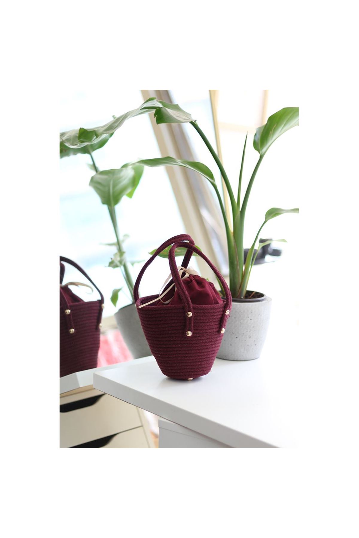 Kadın Bordo Örme Çift Kulp Ağzı Büzgülü Hasır Görünümlü El Çantası