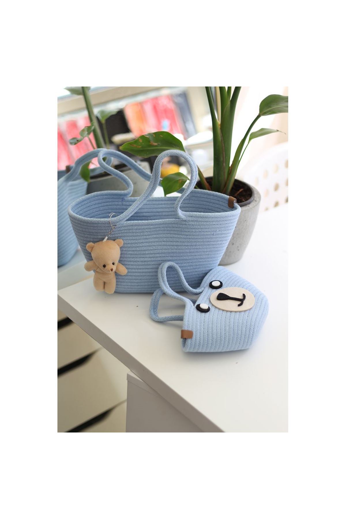 Bebe Mavi Örme Aksesuar Detaylı 2'li Anne Kız El Çantası