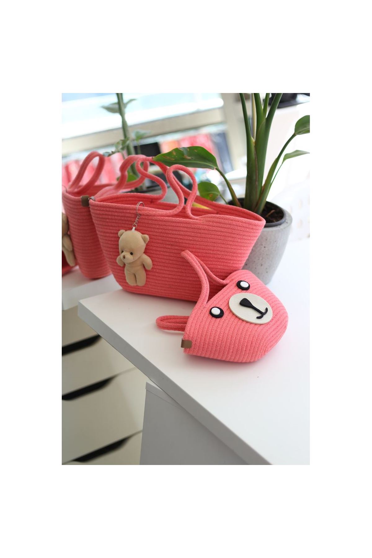 Nar Çiçeği Örme Aksesuar Detaylı 2'li Anne Kız El Çantası