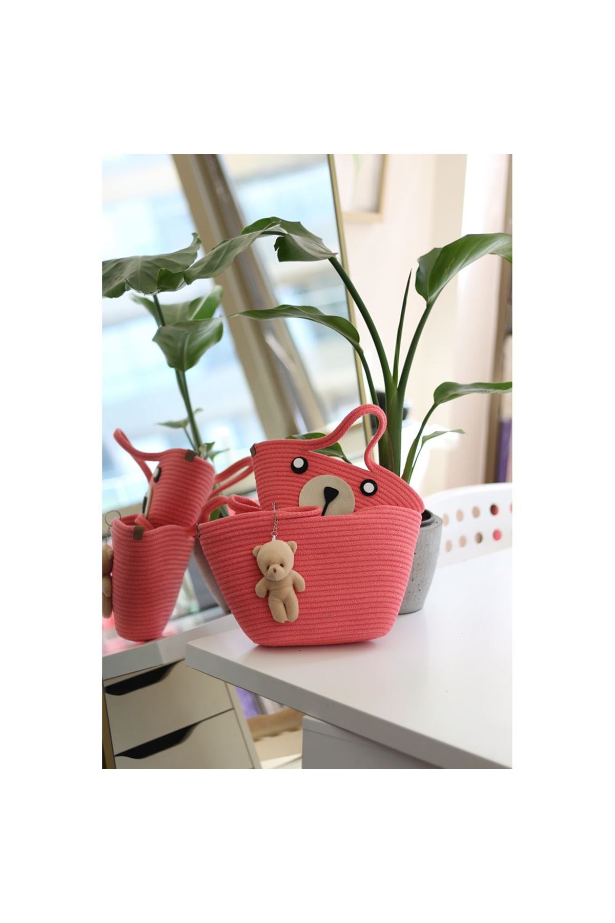 Nar Çiçeği Örme Aksesuar Detaylı 2'li Anne Kız El Çantası