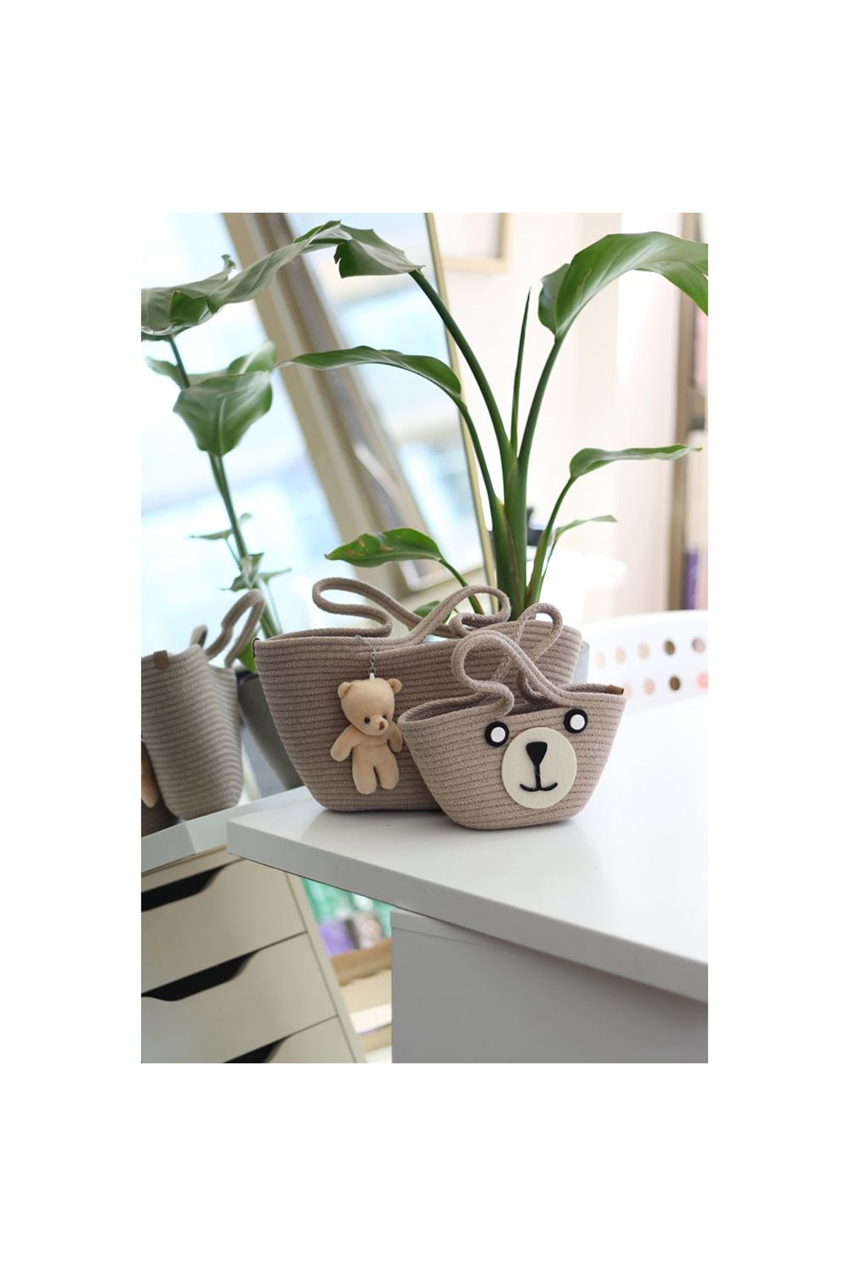 Bej Örme Aksesuar Detaylı 2'li Anne Kız El Çantası