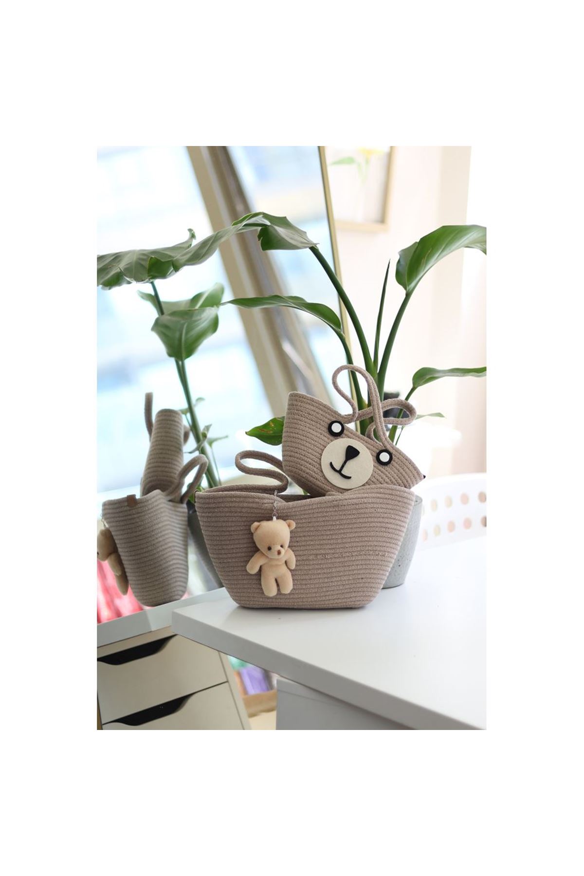 Bej Örme Aksesuar Detaylı 2'li Anne Kız El Çantası