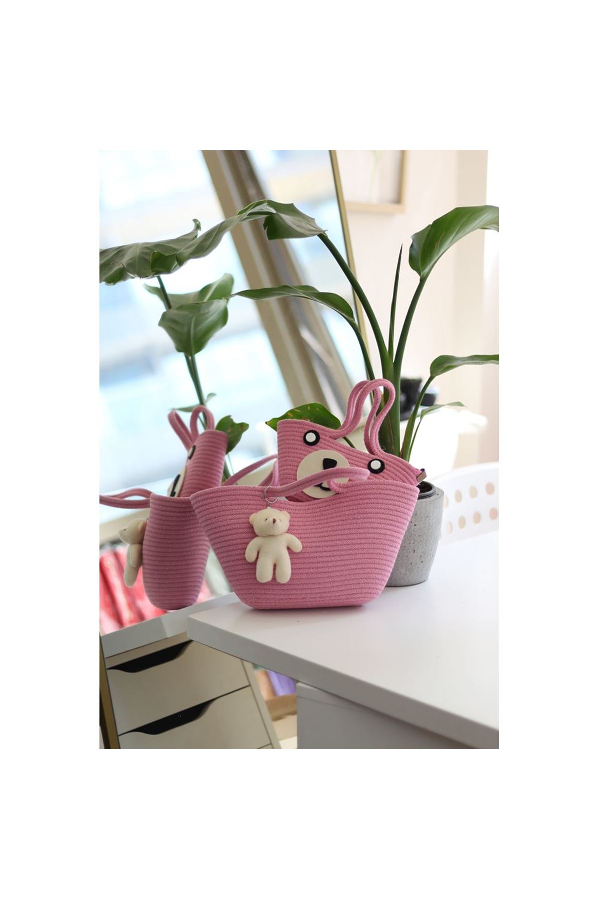 Pembe Örme Aksesuar Detaylı 2'li Anne Kız El Çantası