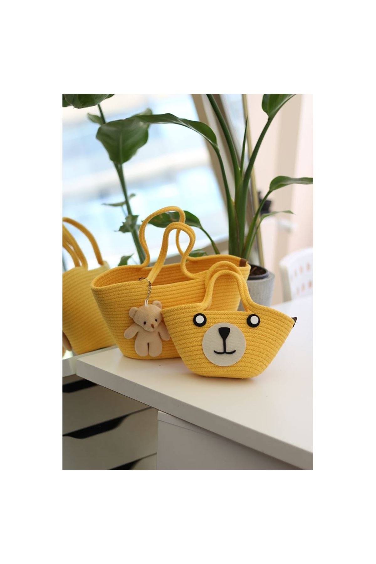 Sarı Örme Aksesuar detaylı 2'li anne kız el çantası