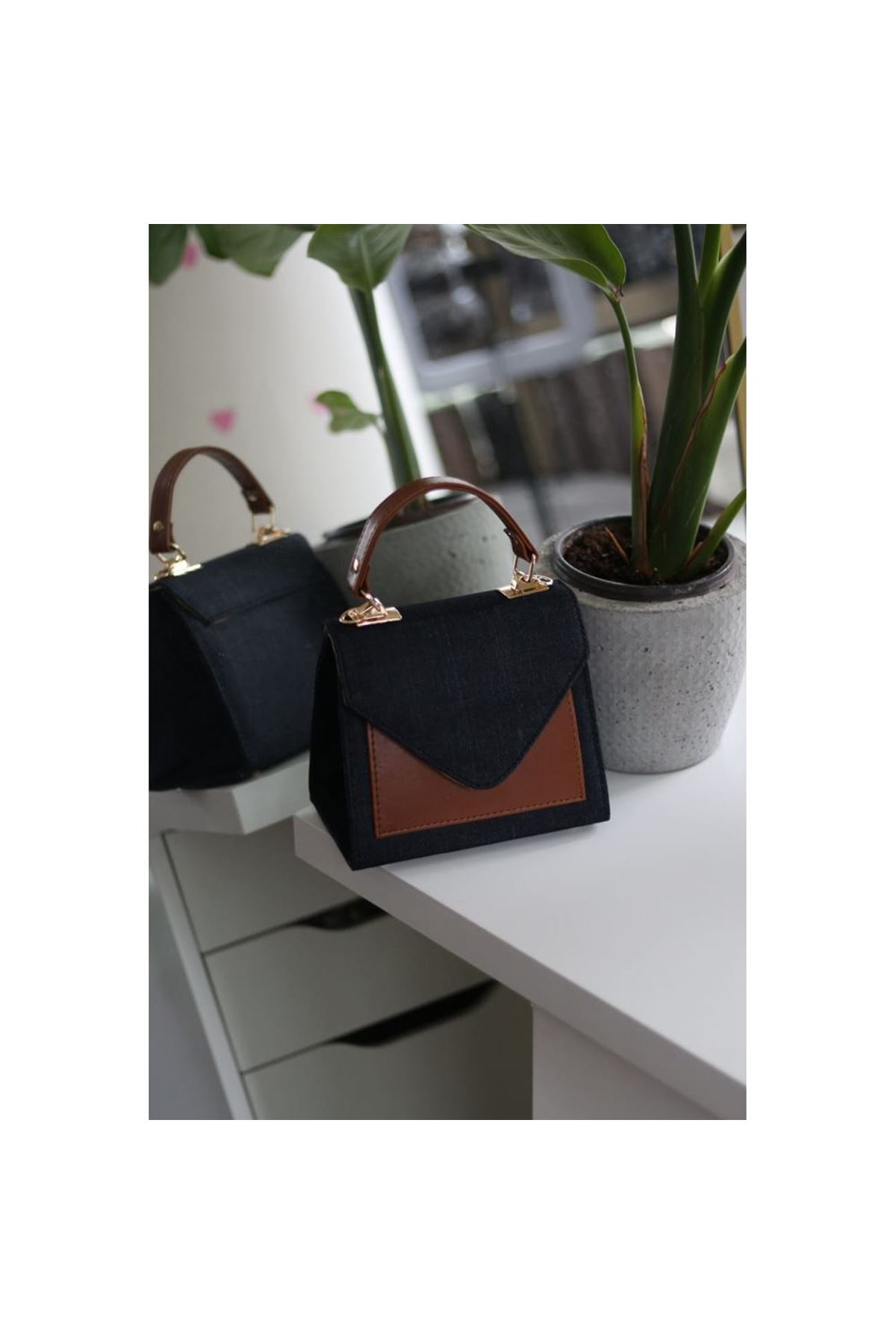 Taba Siyah Kot Detaylı Tutmalı El Omuz Çantası