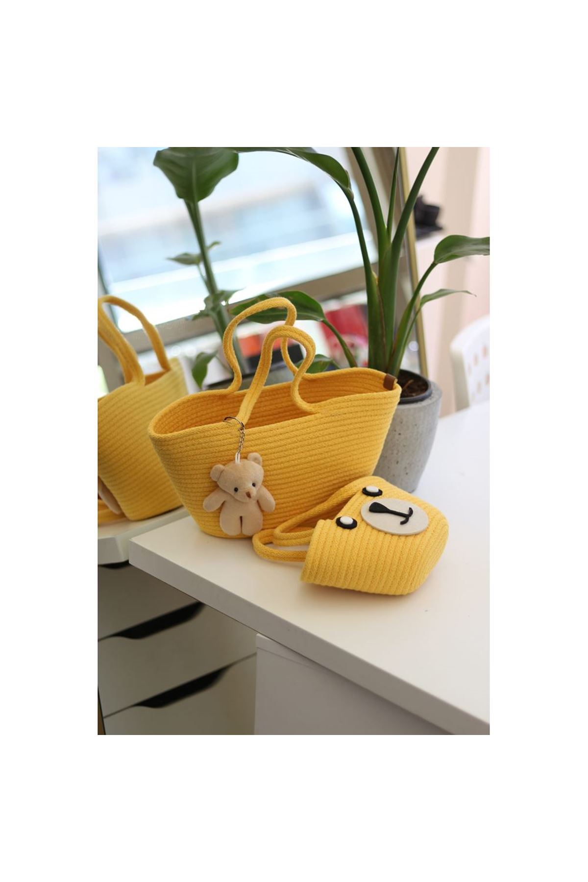 Sarı Örme Aksesuar detaylı 2'li anne kız el çantası
