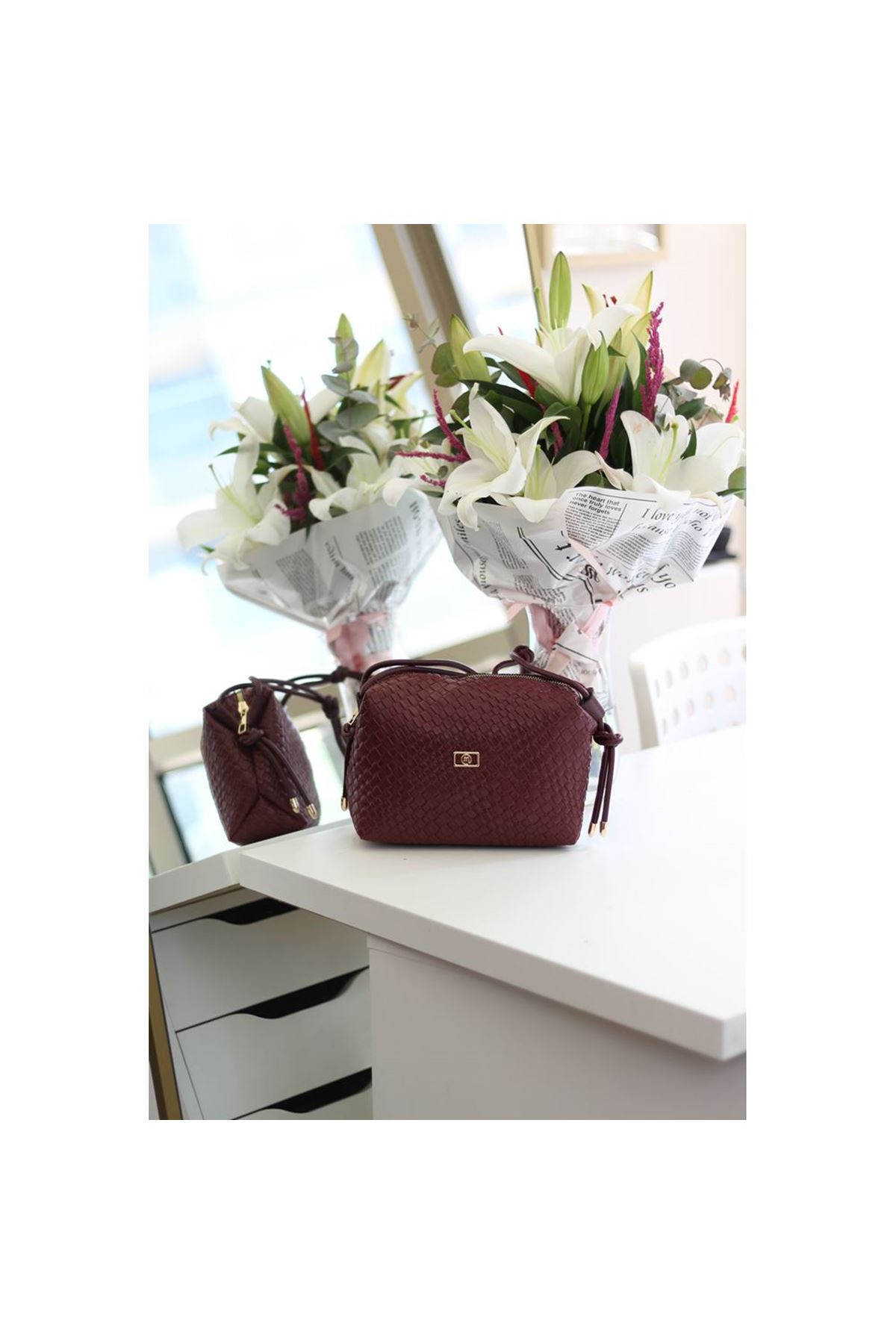 Kadın Bordo Baklava Desenli İnce Düğüm Askılı Omuz Çantası